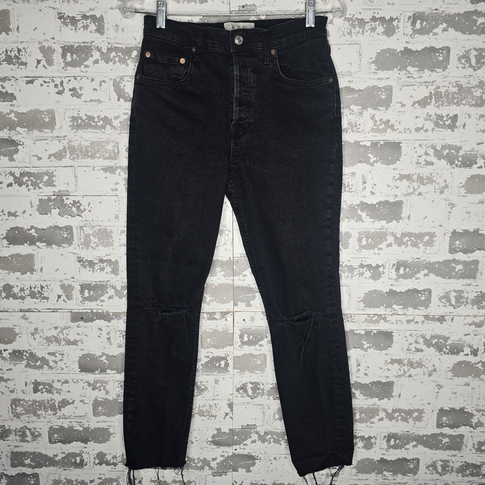 We The Free Jeans Womens 27 Free People Black Skinny Crop Distressed Button Fly